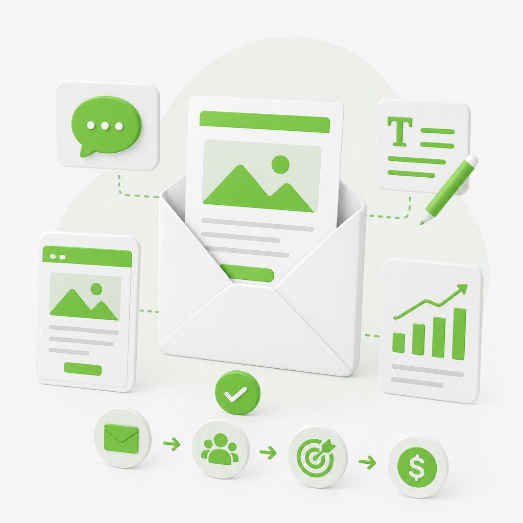 Email marketing solution illustration with open envelope, message preview, mobile email, copywriting, analytics and an email-to-revenue conversion funnel