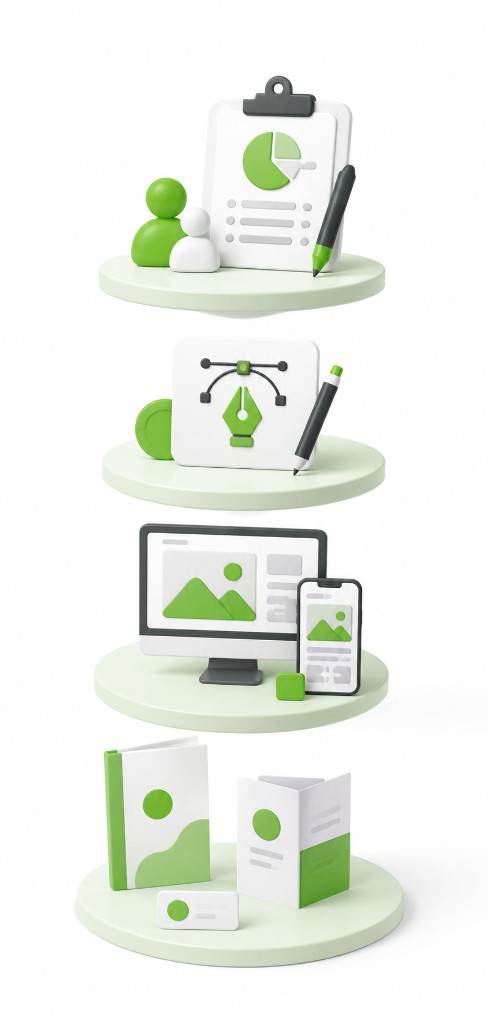 Graphic design deliverables infographic with strategy consultation, logo design, digital graphics, and marketing materials icons in green 3D isometric style